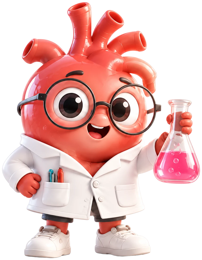 ORGAN, a cheerful 3D heart in a white lab coat and round glasses, holding a flask of pink MRNA
